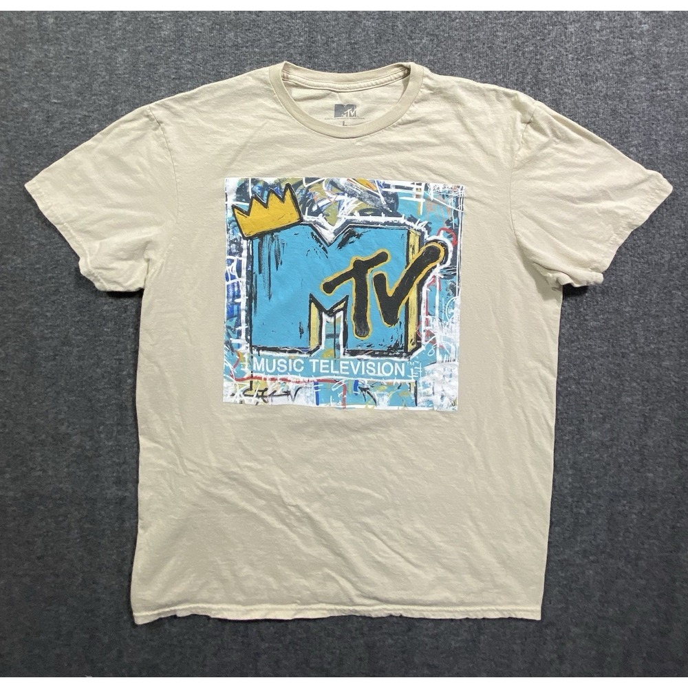 MTV Mens Basquiat Style Graphic T Shirt Music Television Beige Size L
